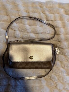 Coach Metallic Gold and Brown Signature Crossbody Bag